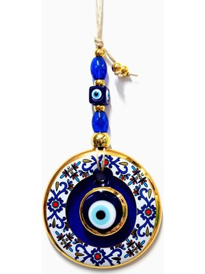 Braventa Collection Çini Desenli Nazar Boncuklu Duvar Süsü, Cam El Işçiliği Hediyelik Eşya Altın Yaldızlı Nazar Boncuğu