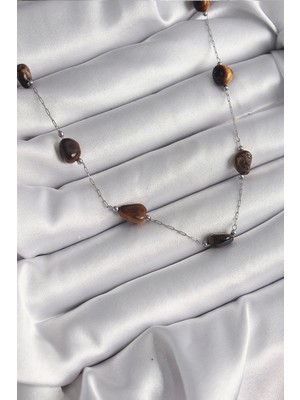 Shopwave 316L Çelik Gümüş Renk Zincir Kahverengi Doğaltaş Model Kadın Kolye