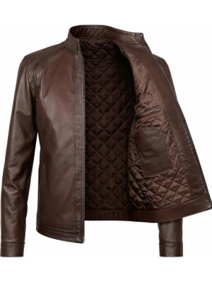 Tabakhanem Erkek Hakiki Deri Ceket – Dik Yaka, Puntolu Kapitone Astar, Fermuarlı, Cepli