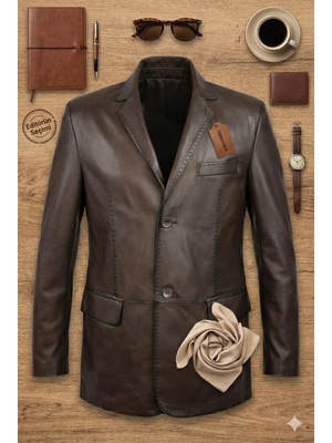 Tabakhanem Erkek Hakiki Deri Blazer Ceket Kahverengi | Klasik Yaka, Düğmeli, Cep Detaylı
