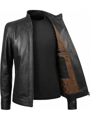 Tabakhanem Erkek Hakiki Deri Ceket – Dik Yaka, Puntolu Kapitone Astar, Fermuarlı, Cepli