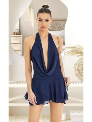 Beruflic Lacivert Sırt ve Göğüs Dekolteli Fantezi Mini Elbise