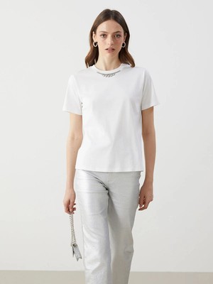 Lc Waikiki Yeni Sezon Bisiklet Yaka Taşlı Kadın Tişört