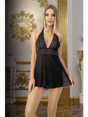 Beruflic Siyah Dantel Işlemeli Boyundan Bağlamalı Fantezi Tül Gecelik Takımı