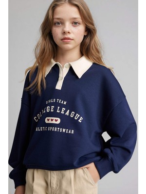DeFacto Relax Fit Polo Yaka Baskılı Sweatshirt Kız Çocuk E6841A826SP