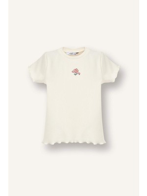 DeFacto Regular Fıt Bisiklet Yaka Çiçekli Fitilli Kaşkorse Kısa Kollu Tişört Kız BEBEK B7544A526SM