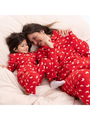 Hellobaby Hellobaby Kız Bebek Uzun Kol Pijama Takımı Kalp Baskılı Düğmeli Bebe Yaka Uzun Paça Uzun Kol