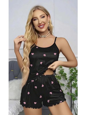 Beruflic Kadın Siyah Kalp Desenli Seksi Gecelik Takım 6660
