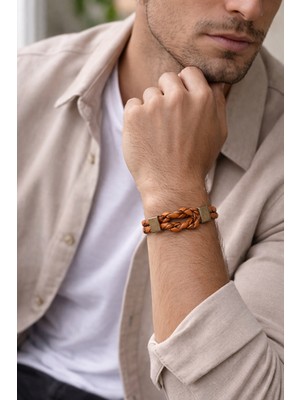 Herşey Nota Taba & Turuncu Hakiki Deri Düğümlü Erkek Bileklik – Çift Sıra TASARIM-1352