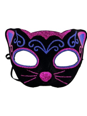 Shopwave Siyah Kadife Kaplama Üzeri Pembe Mavi Sim Işlemeli Kedi Maskesi 20X13 cm (5047)