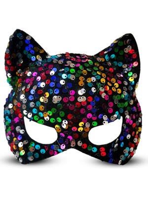 Shopwave Siyah Kadife Kumaş Üzerine Rengarenk Payetli Pullu Parti Maskesi 16X14 cm (5047)