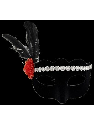 Shopwave Siyah Renk Süet Kaplama Gümüş Dantelli Kırmızı Gül Tasarımlı Parti Maskesi 18X20 cm (5047)