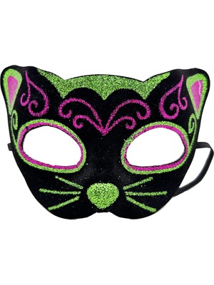 Shopwave Siyah Kadife Kaplama Üzeri Pembe Yeşil Sim Işlemeli Kedi Maskesi 20X13 cm (5047)