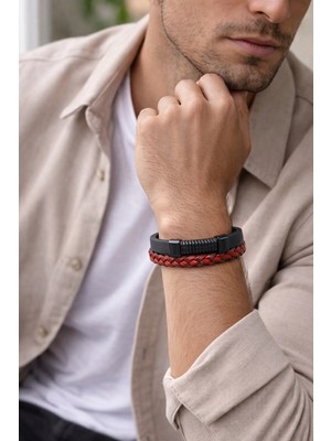 Herşey Nota Crimson Noir Hakiki Deri Erkek Bileklik – Siyah & Kırmızı Örgü Detaylı – Çok Katlı – Mıknatıslı KILIT-1342