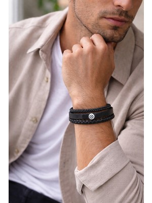 Herşey Nota Noir Shield Hakiki Deri Erkek Bileklik – Çok Katlı Örgü Tasarım – Siyah – Mıknatıslı KILIT-1344