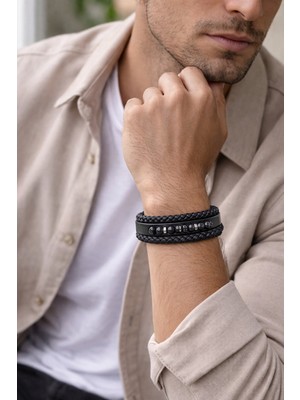 Herşey Nota Obsidian Crown Hakiki Deri Erkek Bileklik – Siyah Doğal Taş Detaylı – Çok Katlı – Mıknatıslı KILIT-1341