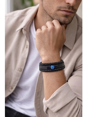Herşey Nota Blue Nazar Noir Hakiki Deri Erkek Bileklik – Çok Katlı Örgü Tasarım – Siyah – Mıknatıslı KILIT-1343
