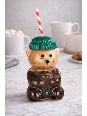 homvira 🐻💚 Cam Barista Ayıcık Bardak 550 ml 🧋 Pipetli Kapaklı Soğuk Kahve • Milkshake Sunum Bardağı