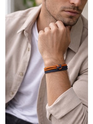 Herşey Nota Turuncu Lacivert Hakiki Deri Erkek Bileklik – Çoklu Sarmal Tasarım – Mıknatıslı Siyah KILIT-1351
