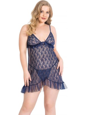 Beruflic Büyük Beden Lacivert Kısa Tül Gecelik