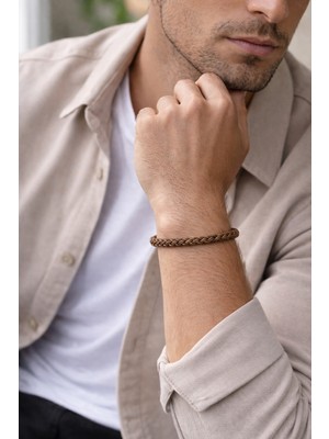 Herşey Nota Terra Bronze Hakiki Deri Erkek Bileklik – Örgü Tasarım – Çelik Mıknatıslı KILIT-1337