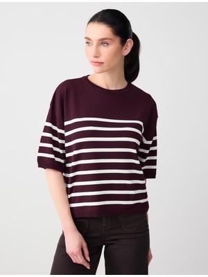 Jimmy Key Bordo Bisiklet Yaka Dirsek Kol Çizgi Desenli Triko Bluz