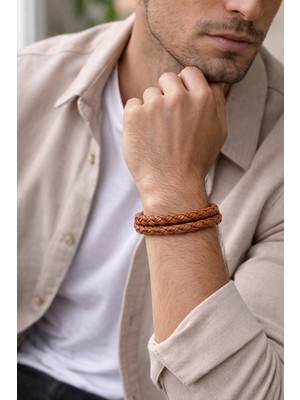 Herşey Nota Terra Braided Hakiki Deri Erkek Bileklik – Taba Örgü – Mıknatıslı KILIT-1339
