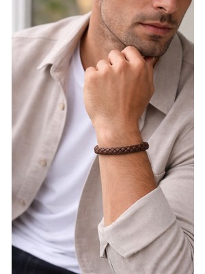 Herşey Nota Heritage Brown Hakiki Deri Erkek Bileklik – Klasik Örgü – Çelik Mıknatıslı KILIT-1335