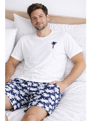 Koza İç Giyim Erkek Pamuklu Kısa Kollu Palmiye Desenli Cepli Şortlu Pijama Takımı
