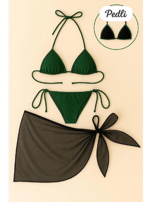 Beruflic Kadın Yeşil Siyah Pareolu Yandan ve Boyundan Bağlamalı 3'lü Bikini Takımı