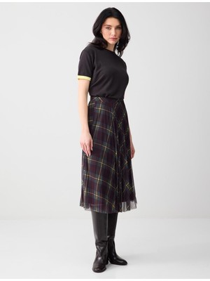 Jimmy Key Kahverengi Düşük Bel Rahat Kesim Desenli Mesh Örme Midi Etek