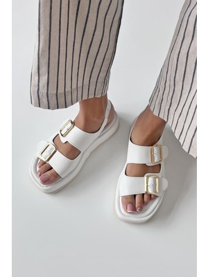 Straswans Renato Kadın Toka Detay Günlük Deri Sandalet Beyaz