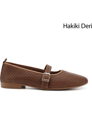 GÖNDERİ Kadın Taba Antik  Hasır Baskılı Mary Jane Hakiki Deri Babet