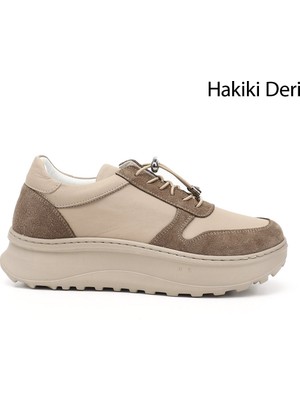 Gönderi(r) Kadın Bej Süet Lastik Bağcıklı Comfort Dolgu Taban Hakiki Deri Sneaker