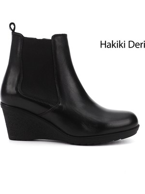 GÖNDERİ Kadın Siyah  Fermuarlı Dolgu Topuklu Hakiki Deri Chelsea Bot