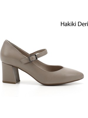 Gönderi(r) Kadın Bej Sivri Burun Topuklu Mary Jane Hakiki Deri Ayakkabı