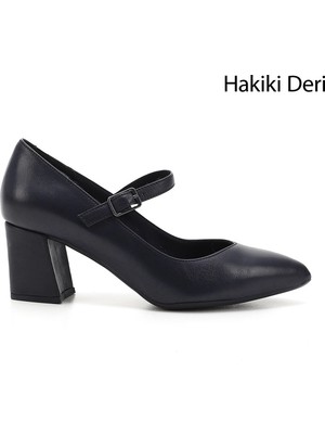 GÖNDERİ Kadın Lacivert  Sivri Burun Topuklu Mary Jane Hakiki Deri Ayakkabı