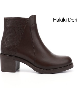 GÖNDERİ Kadın Kahve Antik  Fermuarlı Kalın Topuklu Hakiki Deri Bot