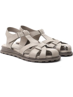 GÖNDERİ Kadın Silver  Cırt Bantlı Burnu Kapalı Hakiki Deri Sandalet