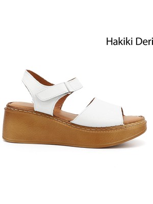 GÖNDERİ Kadın Beyaz  Dolgu Taban Hakiki Deri Sandalet