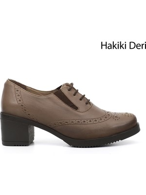Gönderi(r) Kadın Vizon Antik  GDZA134M0500 Bağcıklı Orta Kalın Topuklu Hakiki Deri Oxford Ayakkabı