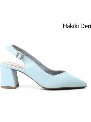 GÖNDERİ Kadın Mavi  Kalın Topuklu Arkası Açık Hakiki Deri Ayakkabı