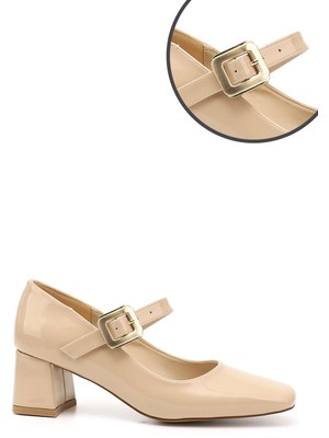 Gönderi® Kadın Ten Rugan Küt Burun Kare Ökçe Mary Jane Ayakkabı