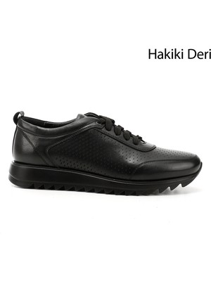 GÖNDERİ Erkek Siyah  Hakiki Deri Bağcıklı Sneaker
