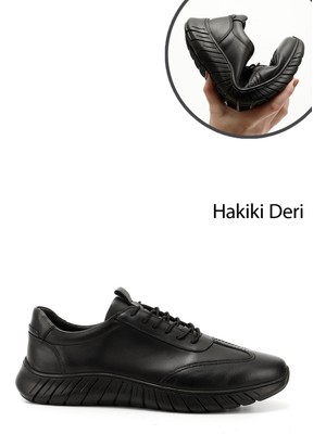 Gönderi(r) Erkek Siyah Bağcıklı Kauçuk Taban Hakiki Deri Sneaker