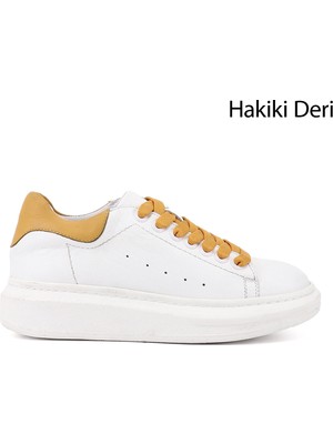 GÖNDERİ Kadın 001-Beyaz  Bağcıklı Dolgu Taban Hakiki Deri Sneaker