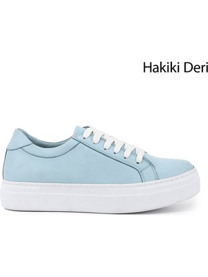 GÖNDERİ Kadın Mavi  Bağcıklı Dolgu Taban Hakiki Deri Sneaker