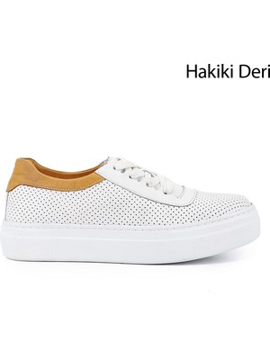Gönderi® Kadın Beyaz Bağcıklı Dolgu Taban Hakiki Deri Sneaker
