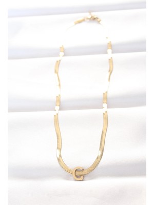 Belle Fusion Mey Ithalat® 316L Çelik C Harfli Gold Renk Italyan Zincirli Kolye