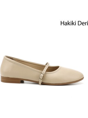 GÖNDERİ Kadın Antik Bej  Mary Jane Hakiki Deri Babet